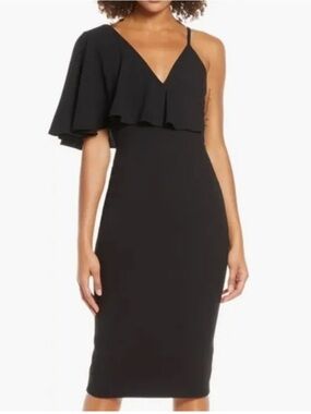 Dress The Population One Shoulder Black Midi Dress Size M Cocktail Wedding